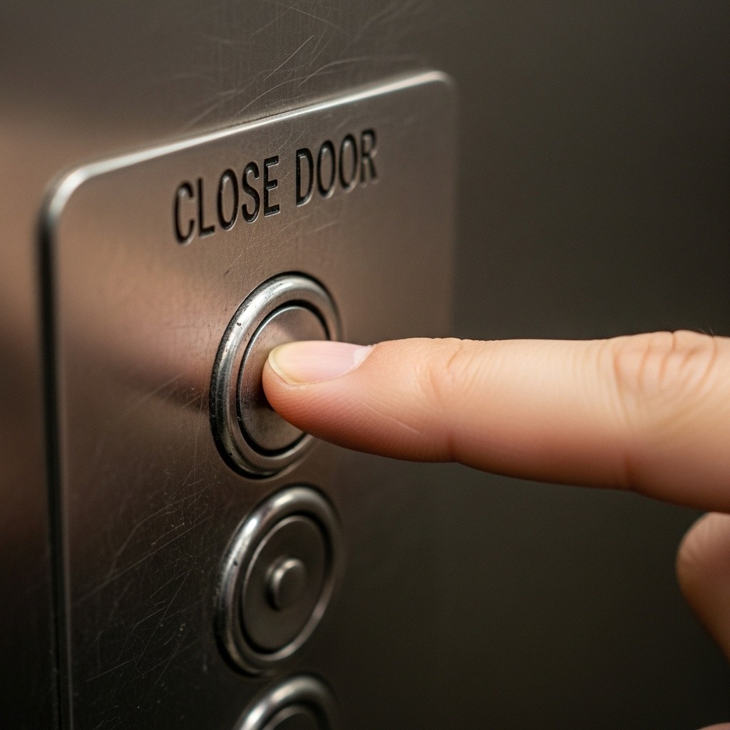 한 사람이 엘리베이터의 닫힘 버튼을 반복해서 누르고 있다.