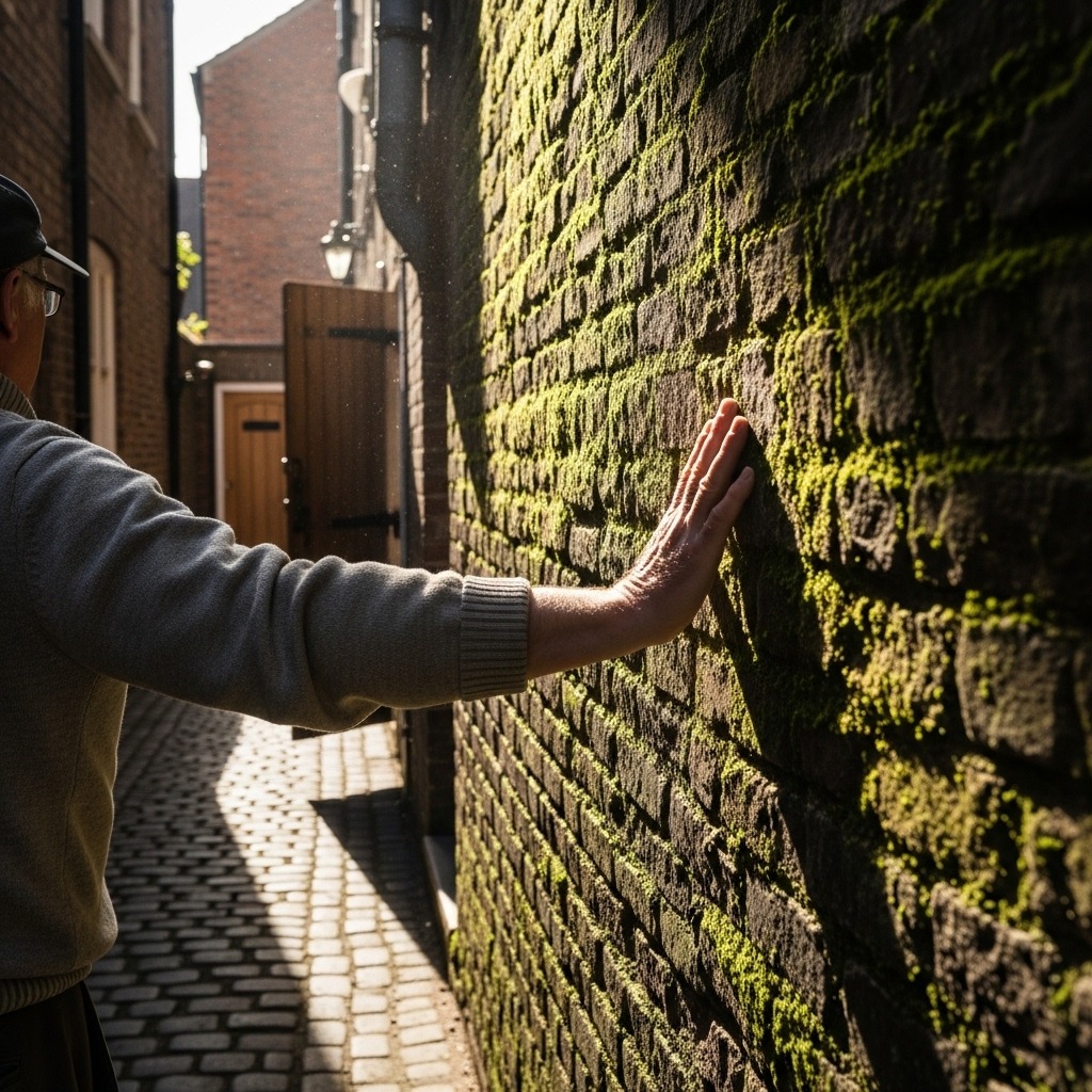 한 사람이 오래된 돌담벼락을 손으로 쓸며 걷는 모습