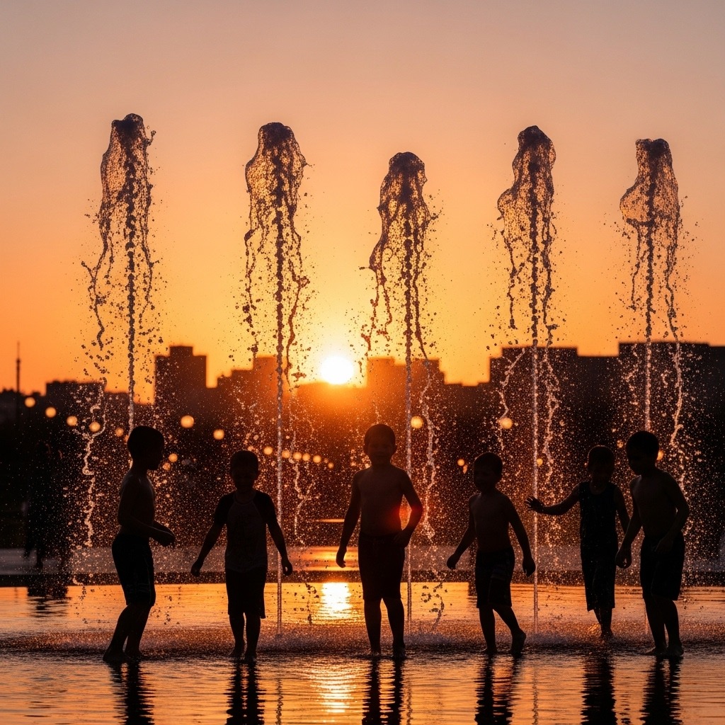 해질녘 공원 바닥 분수에서 뛰어노는 아이들