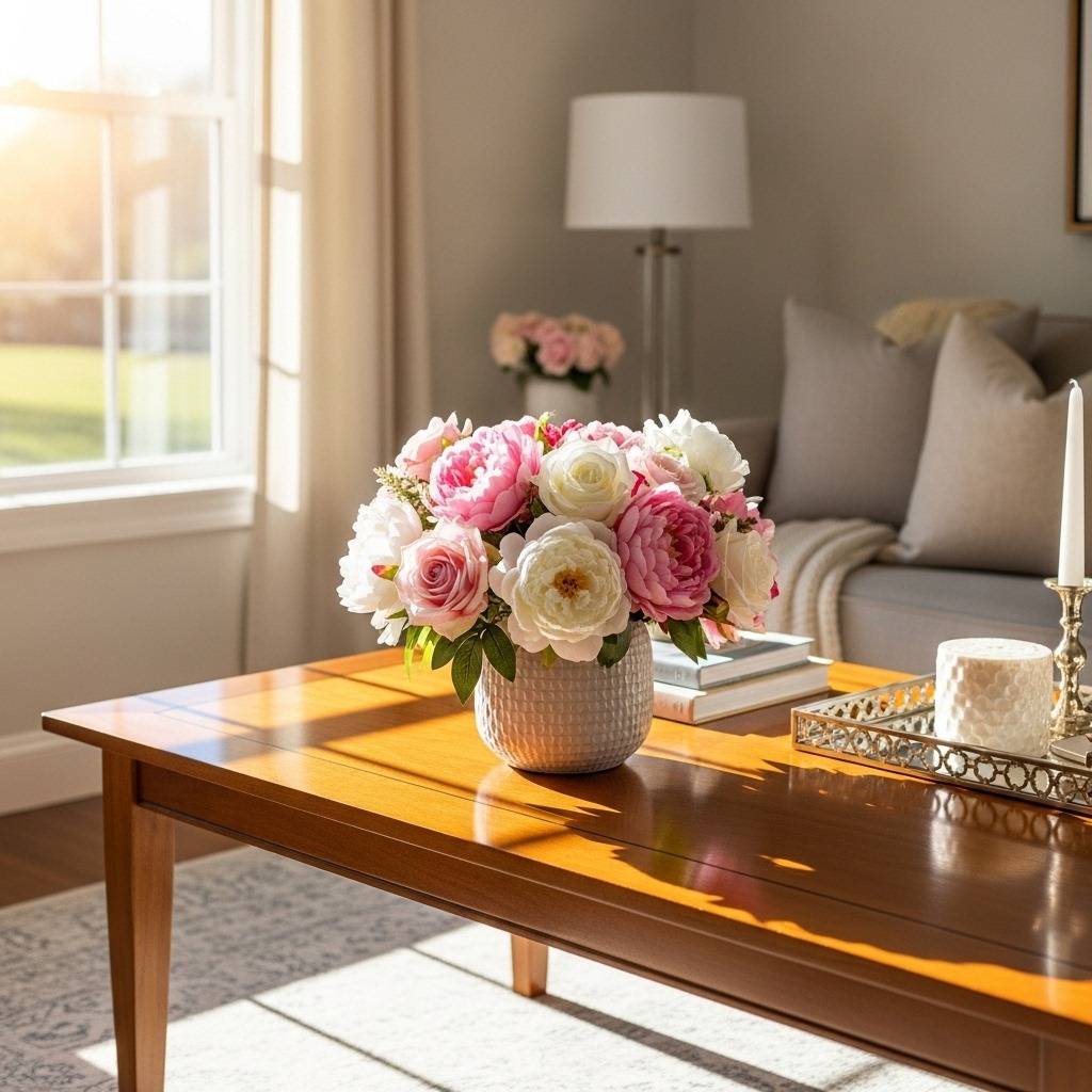 햇살이 비치는 거실 테이블 위 생화처럼 보이는 조화 화병