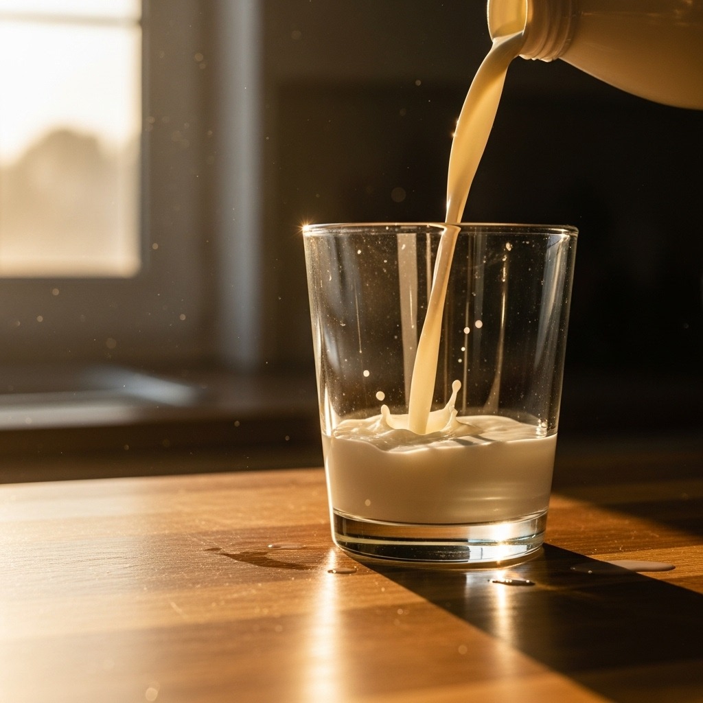 햇살 드는 주방에서 유리컵에 우유를 따르는 모습