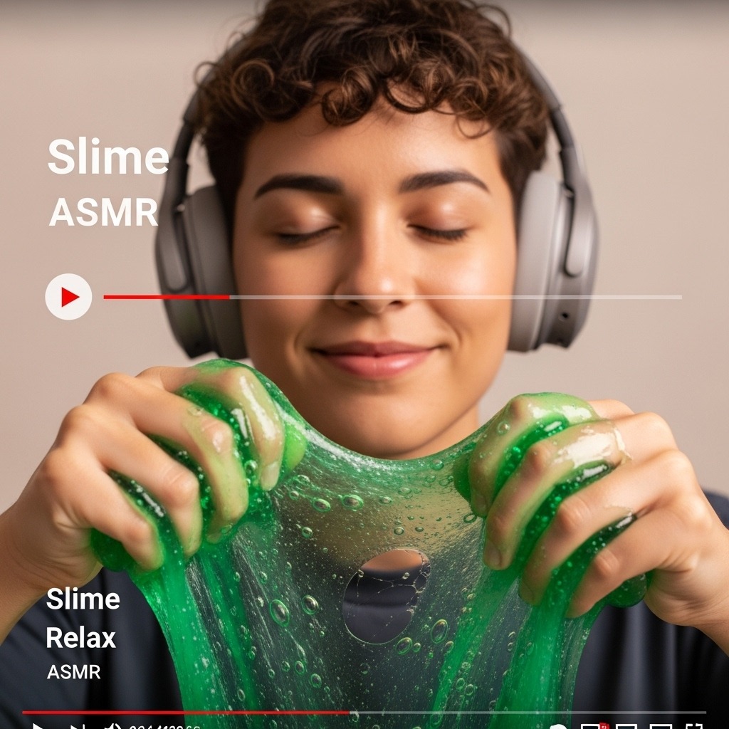 헤드폰을 끼고 슬라임 ASMR을 즐기는 사람