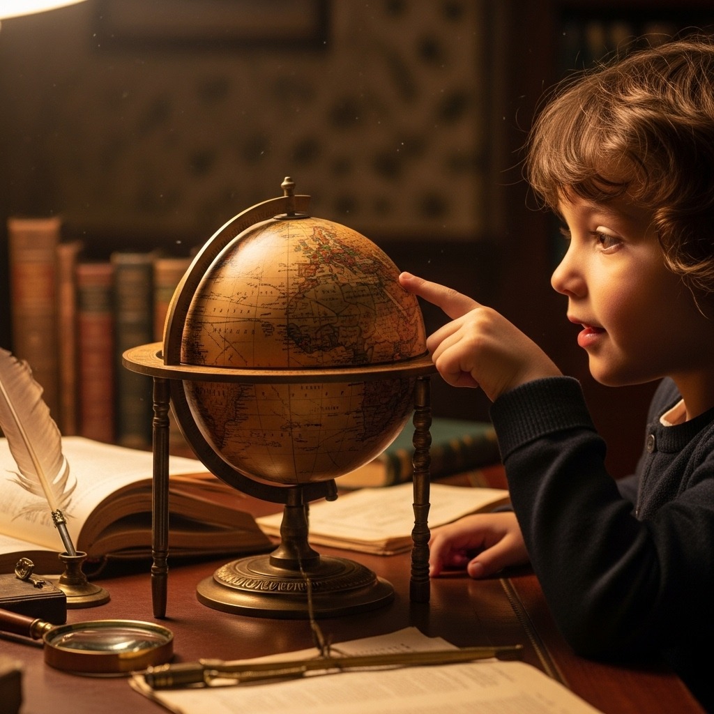 호기심 어린 눈으로 지구본을 돌리는 아이