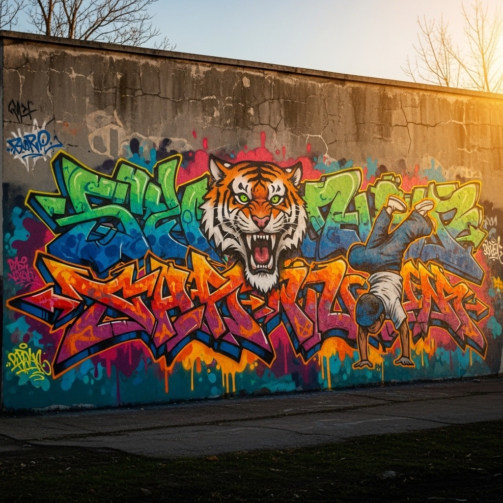 화려한 그래피티가 그려진 도시의 콘크리트 담벼락