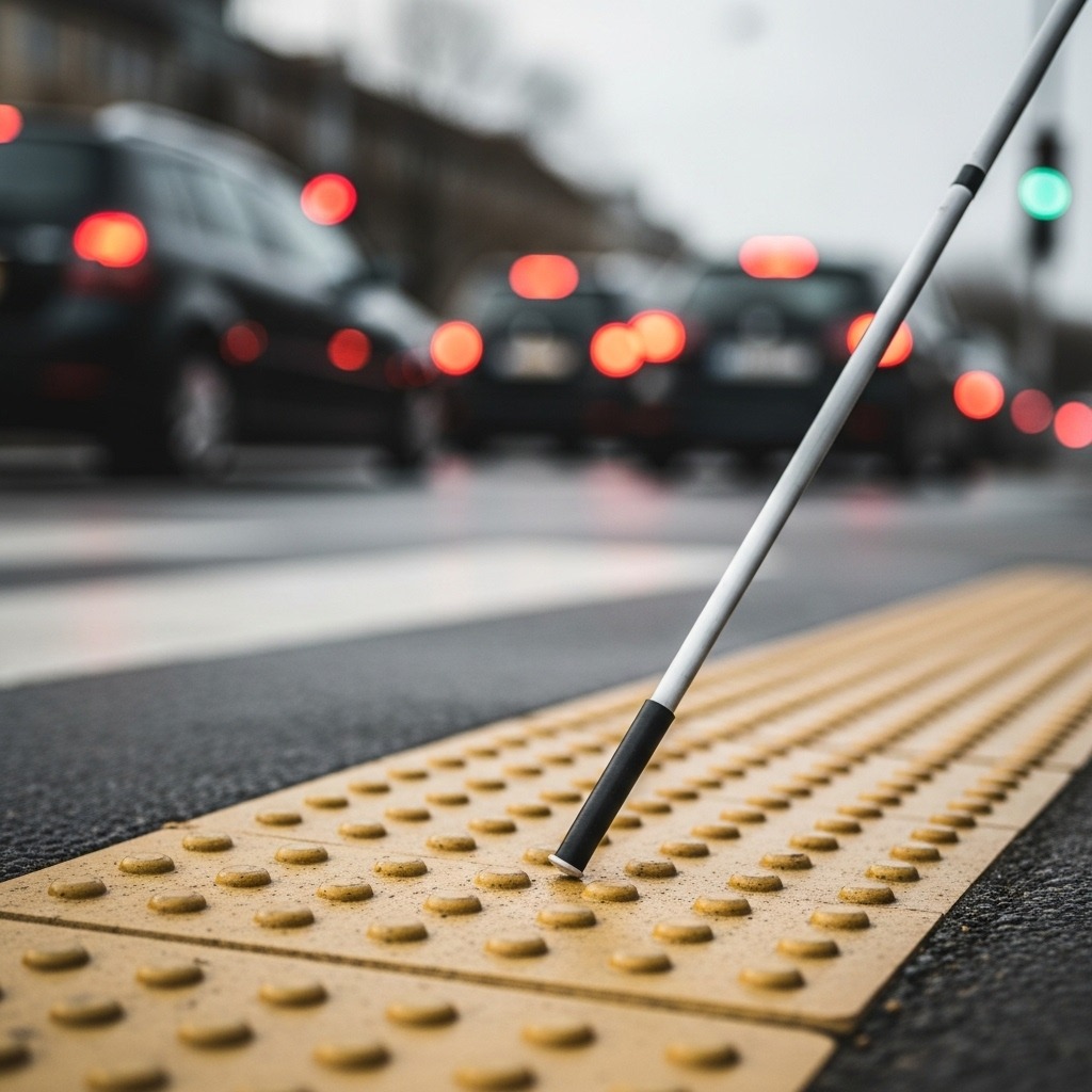 횡단보도 앞 점자블록 위에 시각장애인의 흰 지팡이가 놓여 있다.