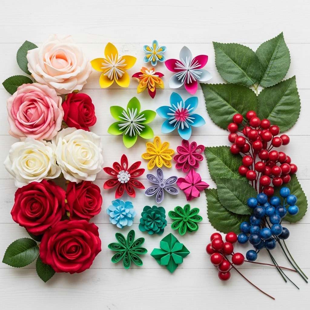  흰색 배경 위에 놓인 다양한 재질의 조화들