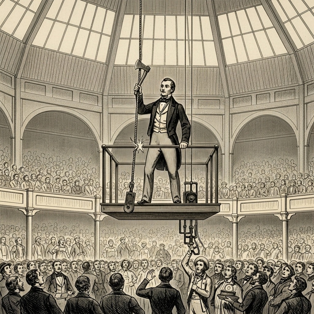 1854년 뉴욕 만국박람회에서 엘리샤 오티스가 밧줄을 자르는 시연을 하고 있다.