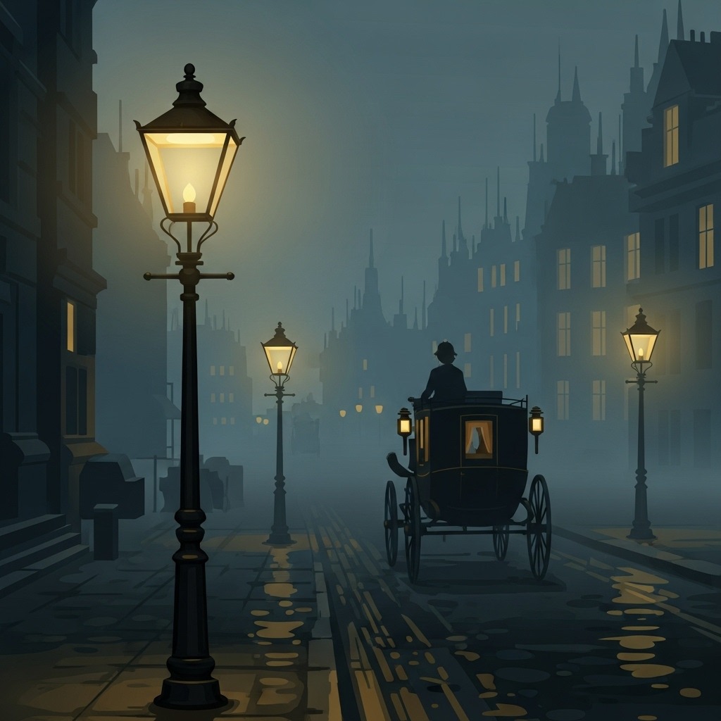 19세기 런던의 안개 낀 가스등 거리 일러스트