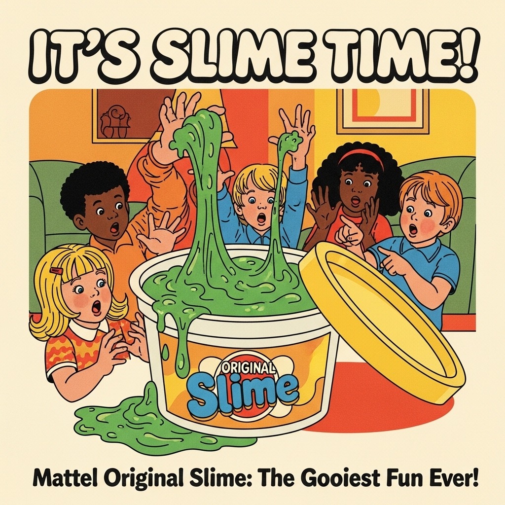 1970년대 레트로 스타일의 슬라임 장난감 광고