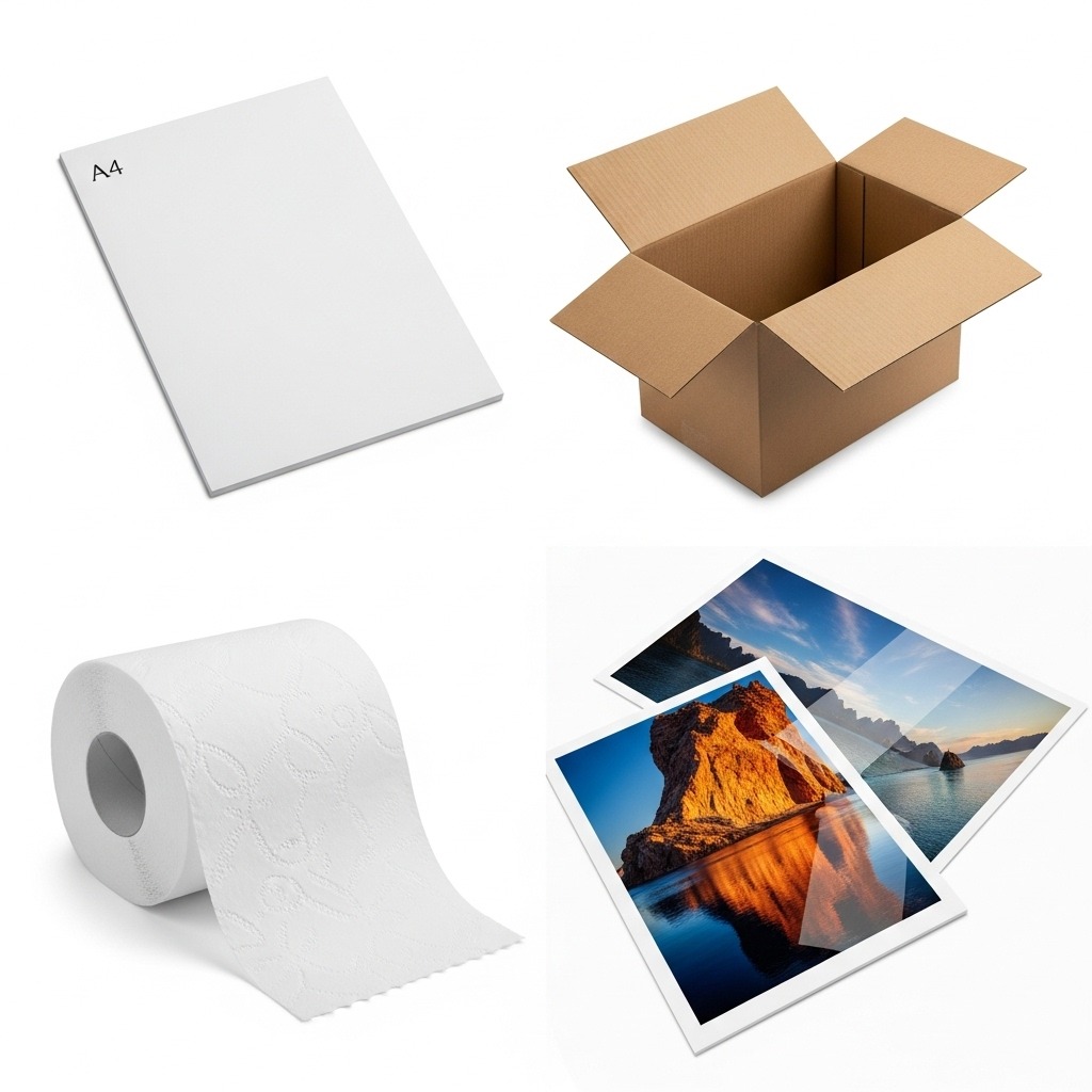 A4용지, 택배 상자, 화장지, 인화지로 구성된 다양한 종이 종류