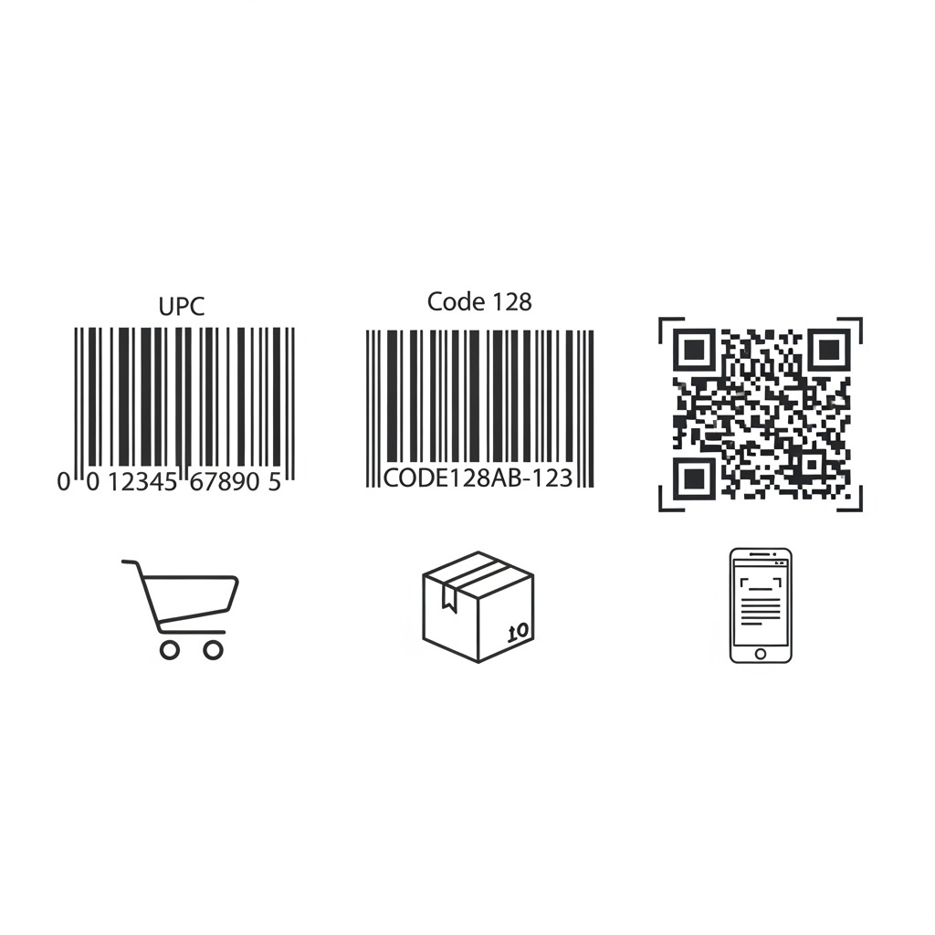 UPC, Code 128, QR코드의 종류와 용도를 보여주는 그래픽