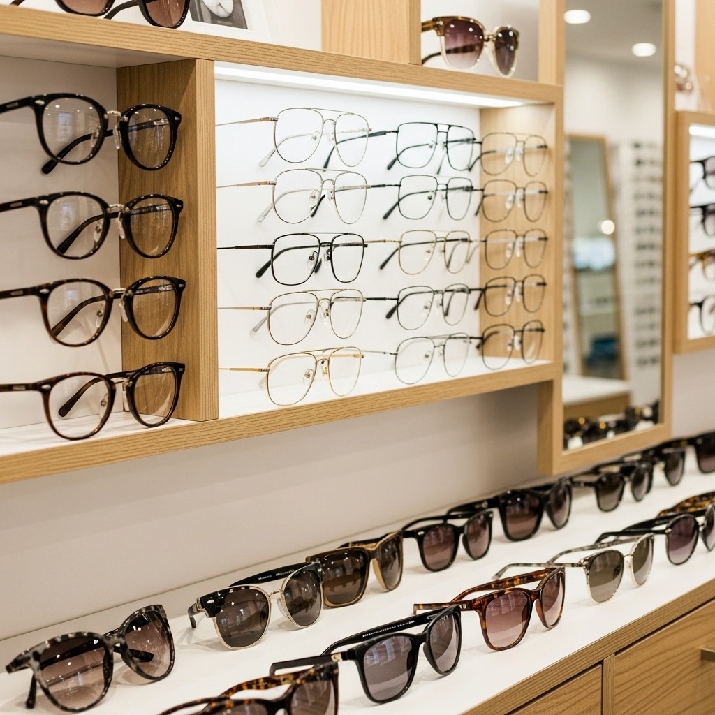 다양한 디자인의 안경테들이 진열된 안경점 선반