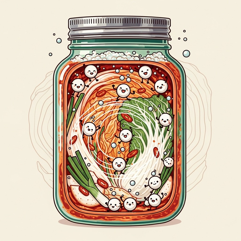 김치 발효 과정 속 유산균의 활동을 보여주는 일러스트