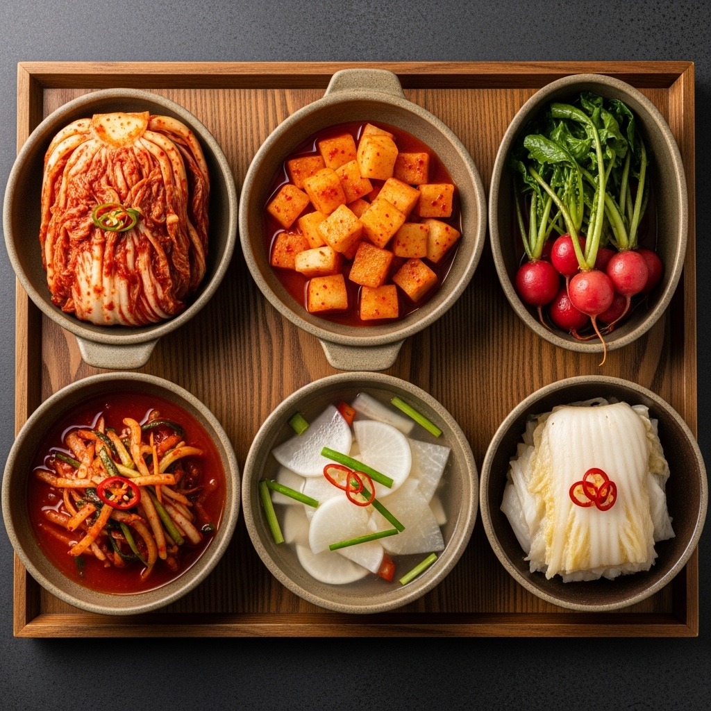 여러 종류의 김치가 각각 다른 그릇에 담겨있는 모습