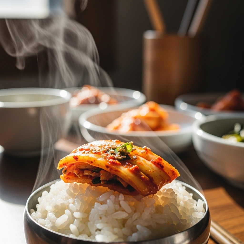 흰 쌀밥 위에 먹음직스럽게 올려진 김치 한 조각