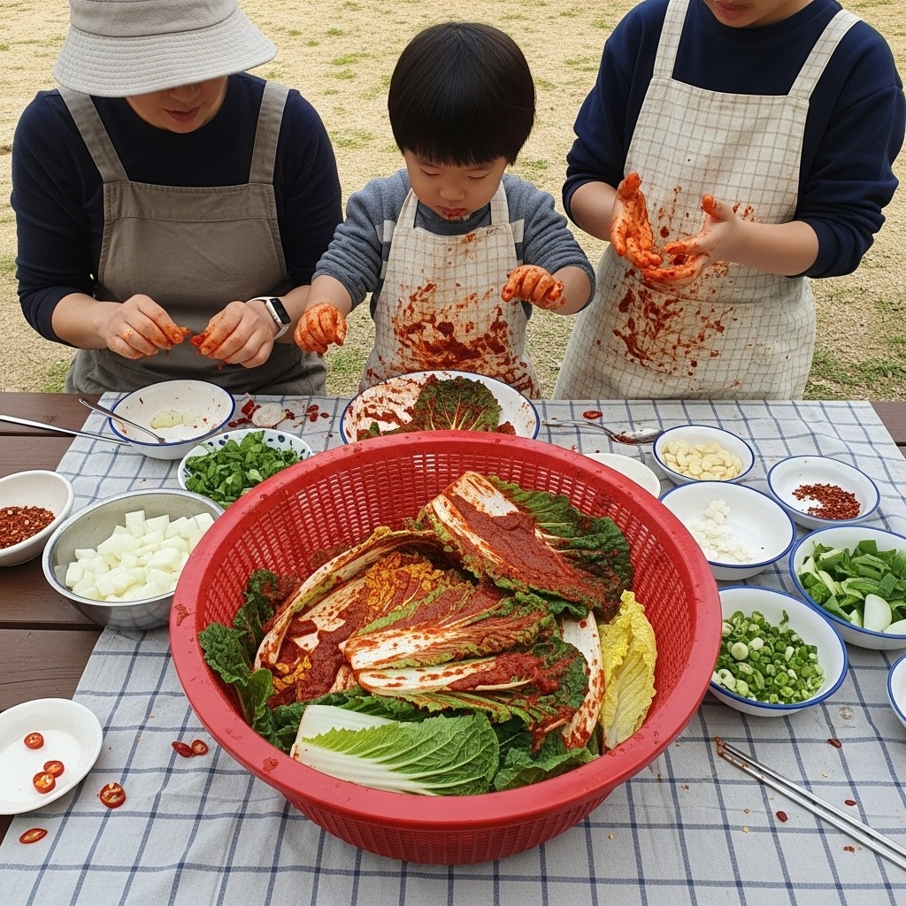 3대 가족이 함께 모여 웃으며 김장을 하는 따뜻한 모습
