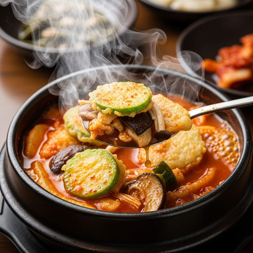 뚝배기에서 끓고 있는 얼큰한 전 찌개