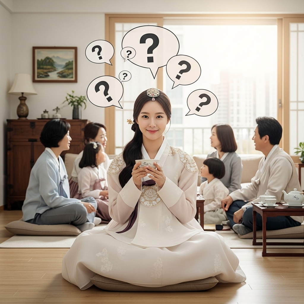 명절 잔소리 속에서 평온하게 미소 짓고 있는 여성 일러스트