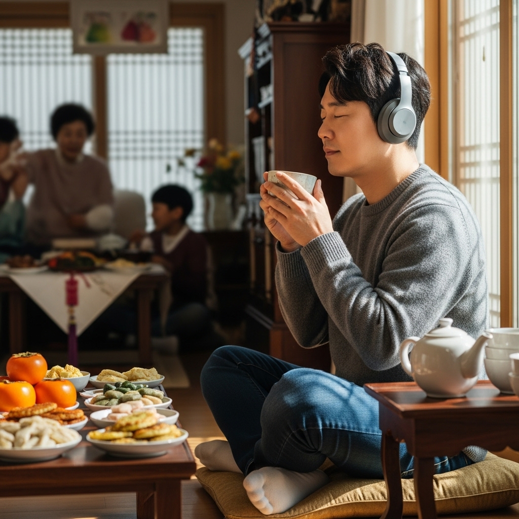 명절에 창가에 앉아 혼자만의 휴식을 즐기는 사람