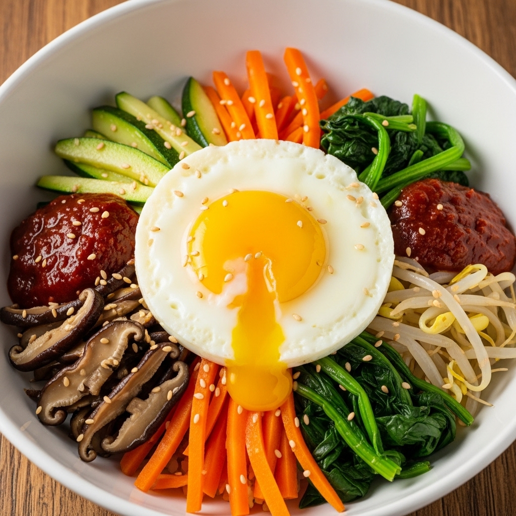 반숙 계란 프라이가 올라간 먹음직스러운 나물 비빔밥
