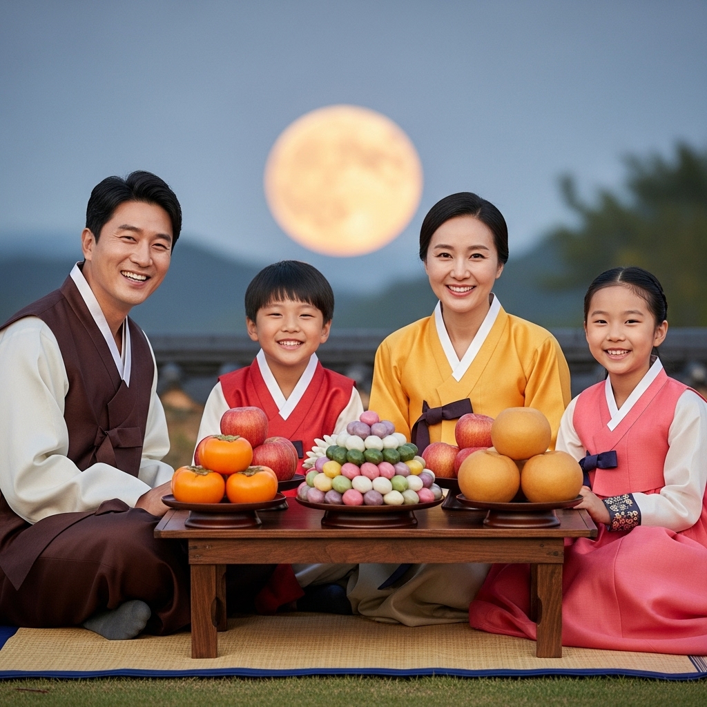 보름달 아래 한복을 입은 가족이 모여 웃고 있는 추석 일러스트