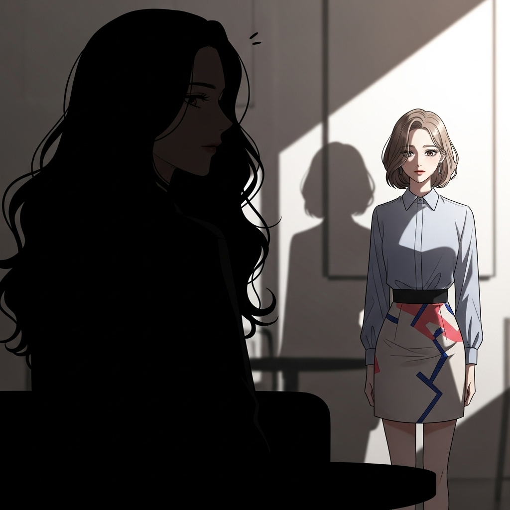 한 여성이 다른 여성의 스타일을 몰래 따라하는 듯한 웹툰 스타일의 일러스트