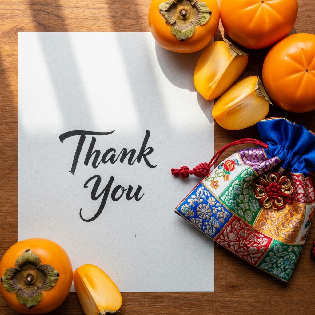 한지에 쓰인 'thank you' 붓글씨와 색동 주머니