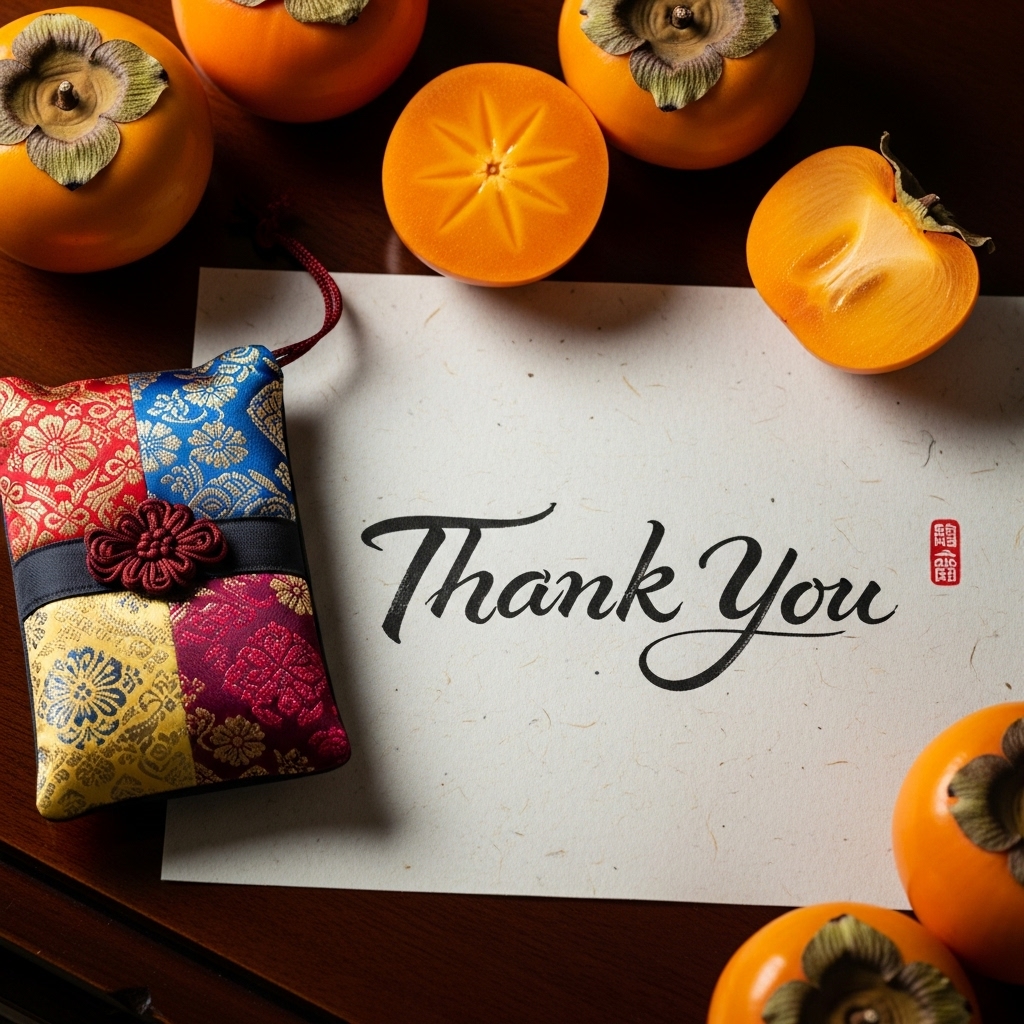 한지에 쓰인 'thank you' 붓글씨와 색동 주머니
