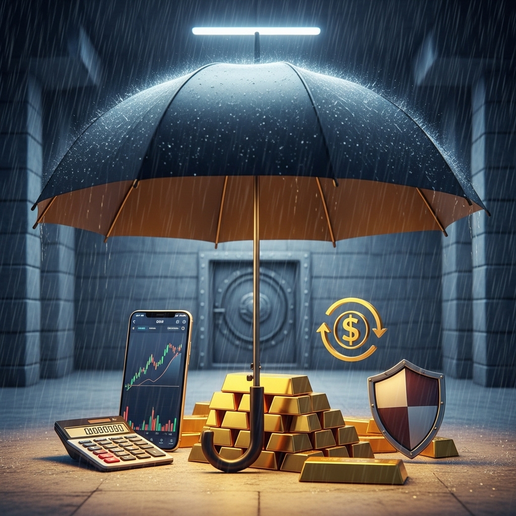 경제 위기라는 비바람 속에서 금과 우량주라는 튼튼한 우산을 쓰고 자산을 지키는 모습