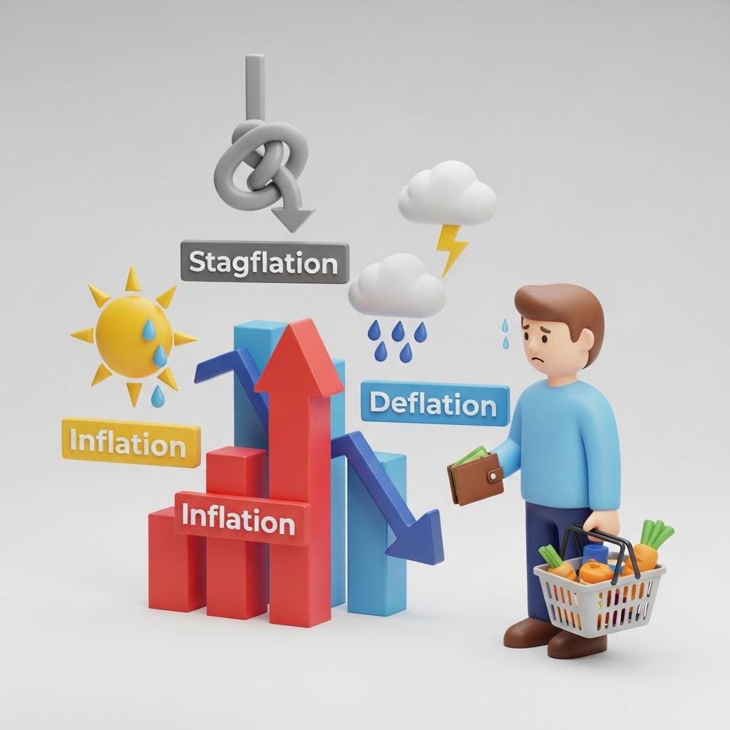 인플레이션, 디플레이션, 스태그플레이션을 상징하는 세 가지 경제 표지판 앞에서 고민하는 소비자의 모습
